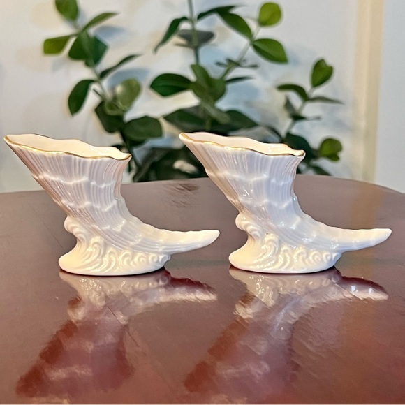 Lenox Cornucopia Mini Vases Set Of 2 Horn Of Plenty Porcelain Gold Rim 1990s 3” - Picture 6 of 9